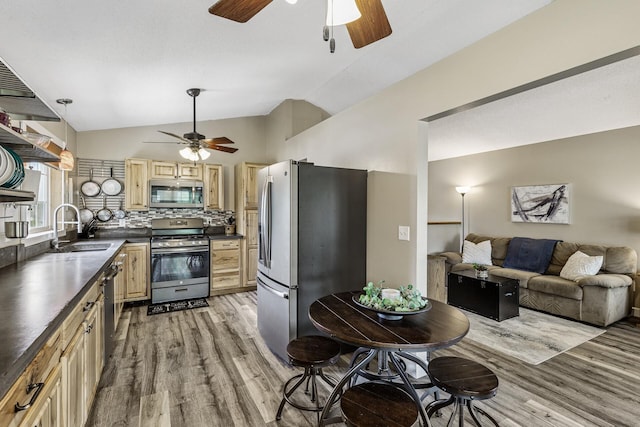 809 Orchard St, Belle Plaine, MN 56011 - kitchen with stainless steel appliances, a sink, ceiling fan, dark countertops, and vaulted ceiling
