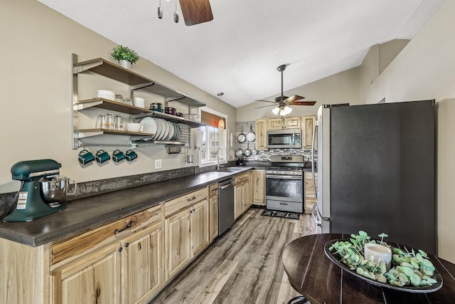 809 Orchard St, Belle Plaine, MN 56011 - kitchen with appliances with stainless steel finishes, ceiling fan, light wood-type flooring, dark countertops, and vaulted ceiling