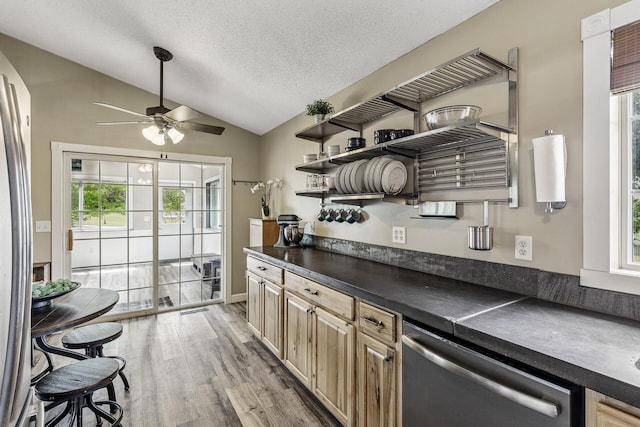809 Orchard St, Belle Plaine, MN 56011 - kitchen featuring stainless steel dishwasher, open shelves, dark countertops, vaulted ceiling, and a ceiling fan