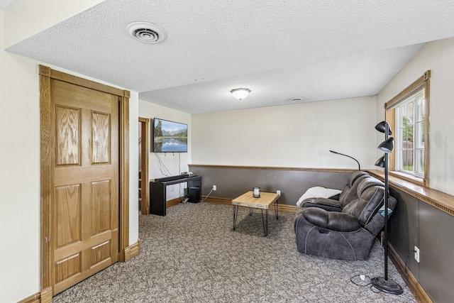 809 Orchard St, Belle Plaine, MN 56011 - living area with carpet, baseboards, and a textured ceiling
