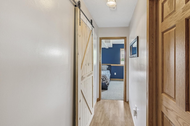 809 Orchard St, Belle Plaine, MN 56011 - hall featuring a barn door, light wood-style floors, and baseboards