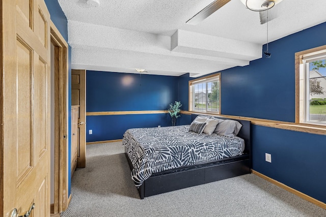 809 Orchard St, Belle Plaine, MN 56011 - bedroom with a textured ceiling, carpet, ceiling fan, and baseboards