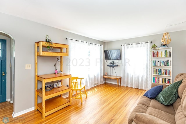 1538 10th St N, Fargo, ND 58102 - living area featuring arched walkways, light wood-style floors, and baseboards