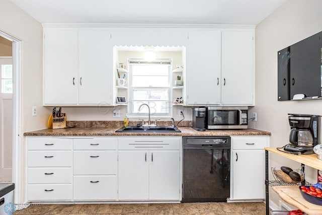 1538 10th St N, Fargo, ND 58102 - kitchen with dishwasher, a sink, stainless steel microwave, open shelves, and white cabinetry