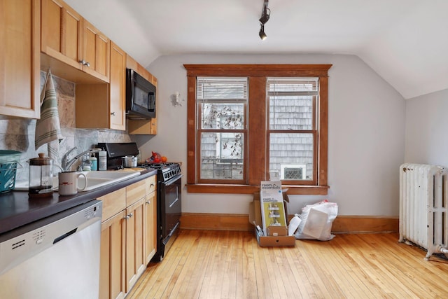 3205 Grand Ave S, Minneapolis, MN 55408 - kitchen featuring black appliances, radiator, vaulted ceiling, light wood finished floors, and dark countertops