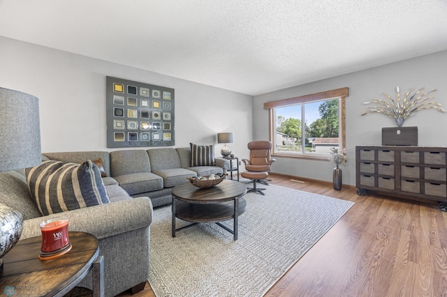 living room featuring wood finished floors, a textured ceiling, and baseboards