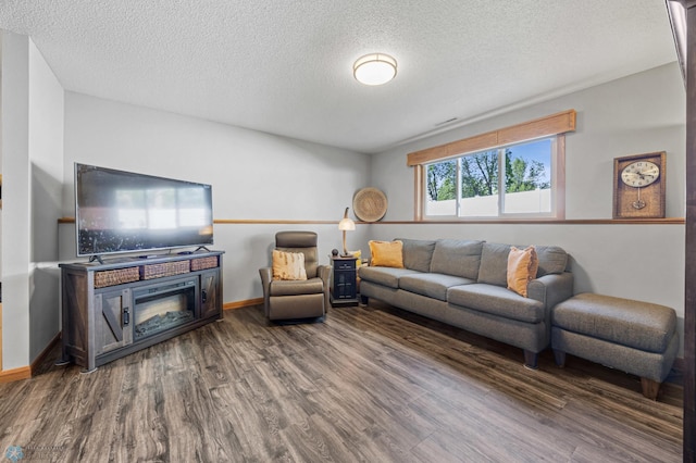 living room with wood finished floors, a textured ceiling, and baseboards