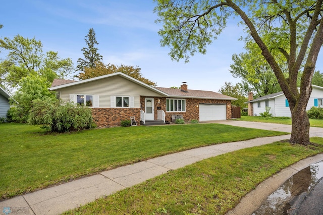 3105 Edgewood Dr N, Fargo, ND 58102 - ranch-style home with an attached garage, brick siding, driveway, a front lawn, and a chimney