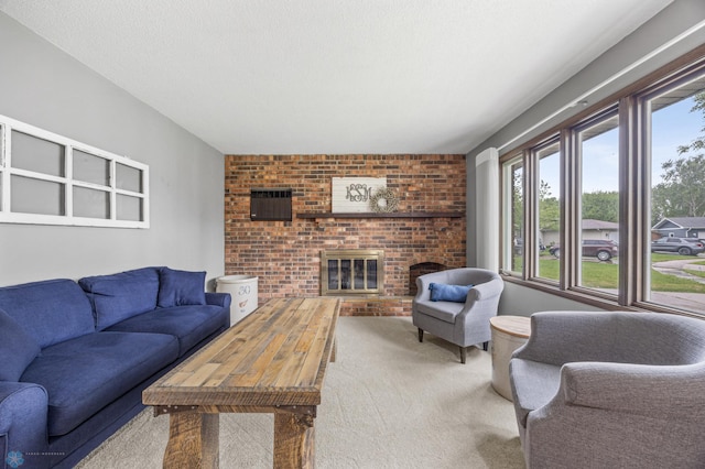 3105 Edgewood Dr N, Fargo, ND 58102 - living room featuring carpet floors, a brick fireplace, and brick wall