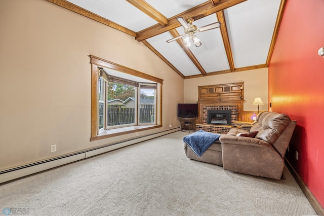 3105 Edgewood Dr N, Fargo, ND 58102 - carpeted living area featuring a ceiling fan, baseboard heating, a brick fireplace, and baseboards