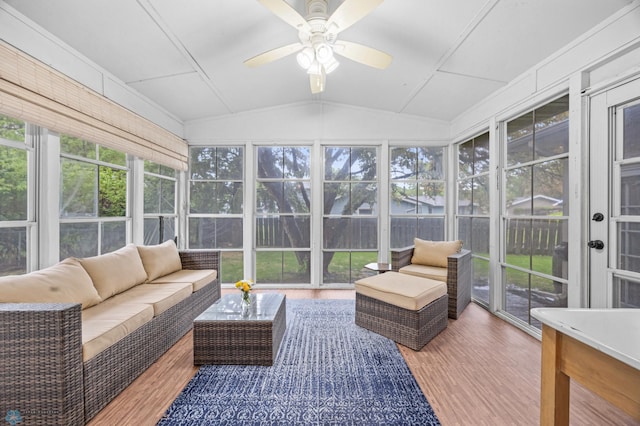 3105 Edgewood Dr N, Fargo, ND 58102 - sunroom with an outdoor hangout area, lofted ceiling, and a ceiling fan
