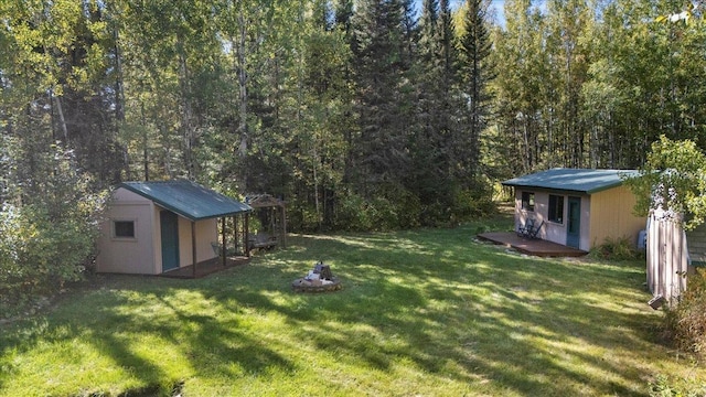 10397 Johnson Rd, Orr, MN 55771 - view of grassy yard with a wooded view, an outdoor structure, and a storage shed