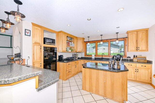 3818 Erickson Rd, Barnum, MN 55707 - kitchen with a center island, light tile patterned flooring, open shelves, recessed lighting, and a sink
