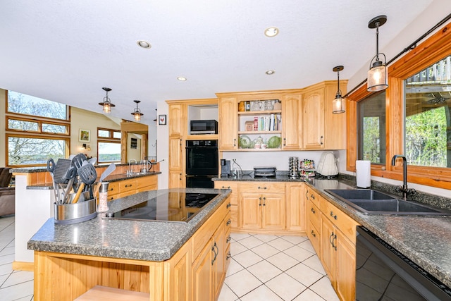 3818 Erickson Rd, Barnum, MN 55707 - kitchen featuring black appliances, a sink, open shelves, light brown cabinetry, and an island with sink
