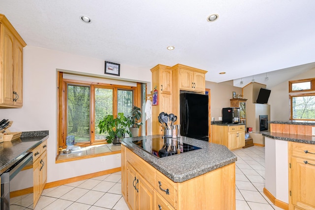 3818 Erickson Rd, Barnum, MN 55707 - kitchen featuring black appliances, light tile patterned floors, a center island, light brown cabinets, and recessed lighting