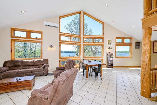 3818 Erickson Rd, Barnum, MN 55707 - living area featuring high vaulted ceiling, a wall mounted air conditioner, light tile patterned flooring, and recessed lighting