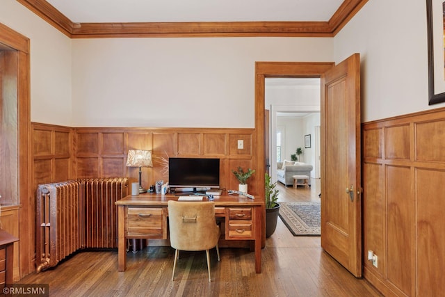 46 Crocus Pl, Saint Paul, MN 55102 - office with radiator, crown molding, wood finished floors, wainscoting, and a decorative wall