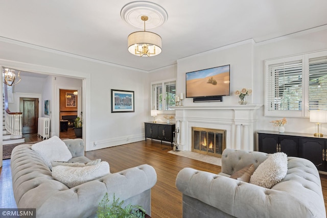 46 Crocus Pl, Saint Paul, MN 55102 - living room with a fireplace with flush hearth, a chandelier, radiator, wood finished floors, and ornamental molding