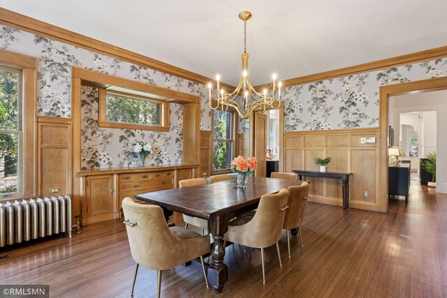 46 Crocus Pl, Saint Paul, MN 55102 - dining space with radiator, wallpapered walls, a chandelier, wainscoting, and dark wood-style flooring