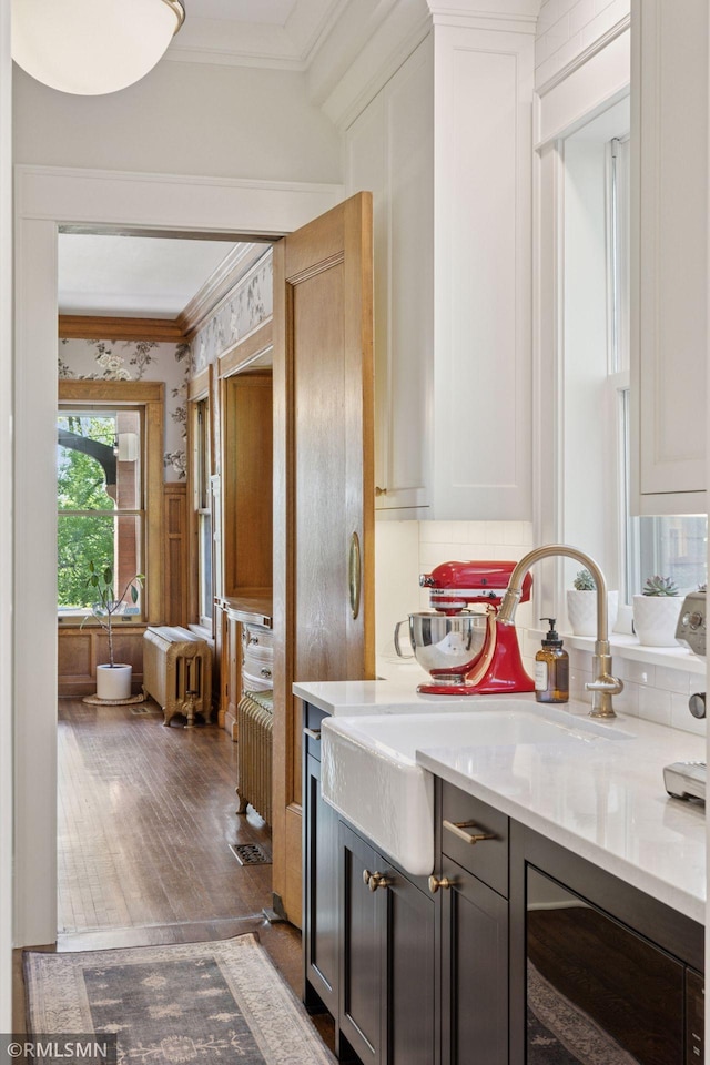 46 Crocus Pl, Saint Paul, MN 55102 - bathroom with ornamental molding, radiator heating unit, beverage cooler, wood finished floors, and tasteful backsplash