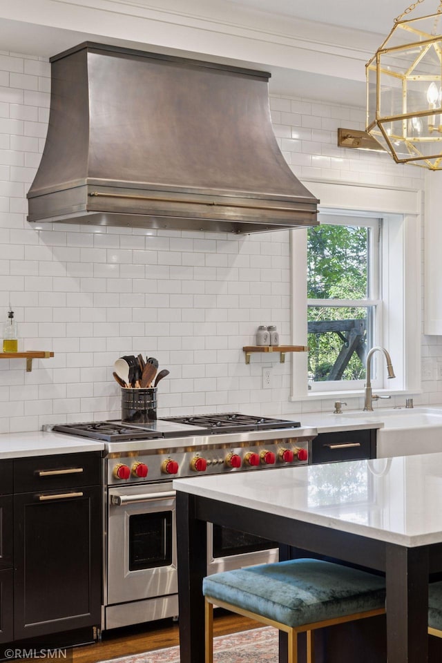 46 Crocus Pl, Saint Paul, MN 55102 - kitchen featuring double oven range, custom exhaust hood, open shelves, and decorative backsplash