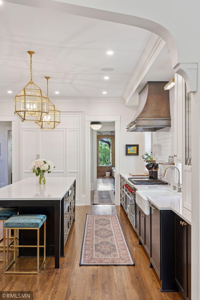 46 Crocus Pl, Saint Paul, MN 55102 - kitchen featuring custom range hood, light countertops, wood finished floors, a chandelier, and a kitchen island