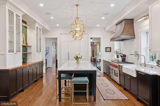 46 Crocus Pl, Saint Paul, MN 55102 - kitchen featuring custom range hood, a sink, decorative backsplash, glass insert cabinets, and a center island