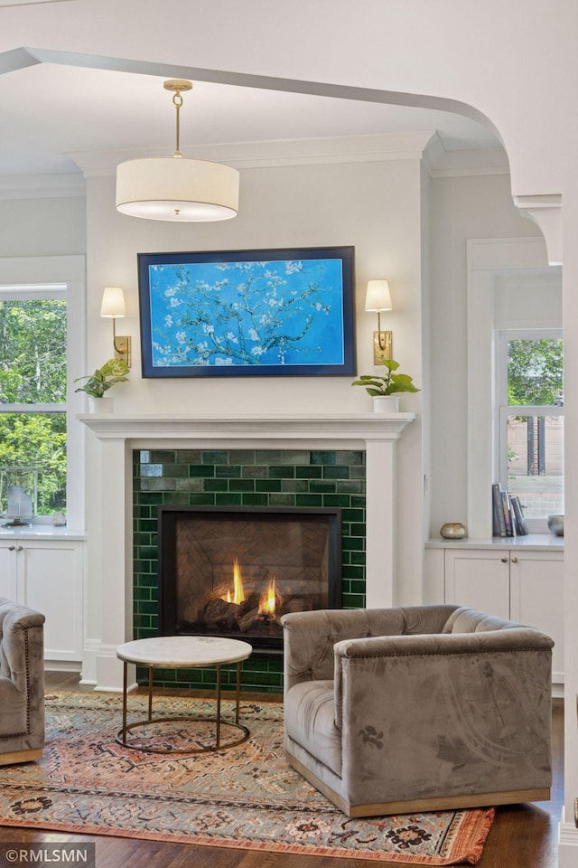 46 Crocus Pl, Saint Paul, MN 55102 - living room with a tile fireplace, ornamental molding, and wood finished floors