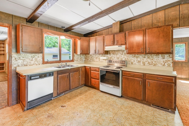 18587 Dover Rd, Clearwater, MN 55320 - kitchen featuring white appliances, under cabinet range hood, a sink, beamed ceiling, and light countertops