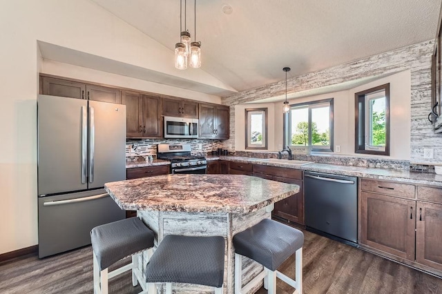 10034 191st Ave NW, Elk River, MN 55330 - kitchen featuring stainless steel appliances, vaulted ceiling, dark wood-style flooring, a sink, and decorative light fixtures