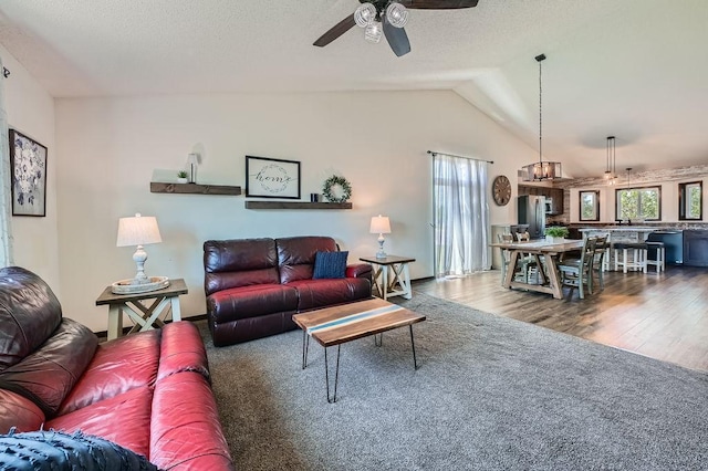 10034 191st Ave NW, Elk River, MN 55330 - living room with healthy amount of natural light, ceiling fan, wood finished floors, and vaulted ceiling