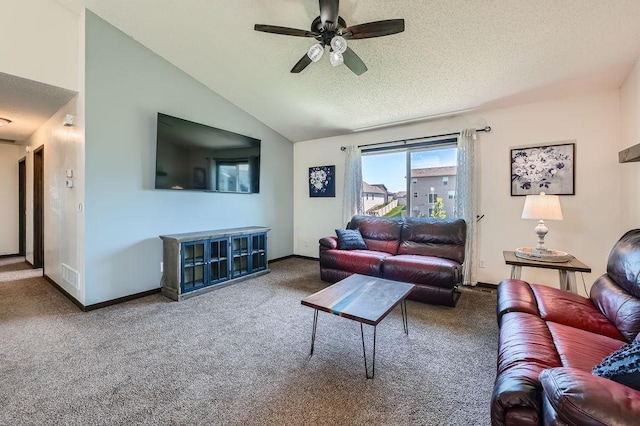 10034 191st Ave NW, Elk River, MN 55330 - living area featuring carpet floors, ceiling fan, baseboards, lofted ceiling, and a textured ceiling