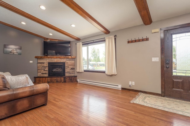 2510 Conifer Ave, Alexandria, MN 56308 - living area with a baseboard heating unit, beamed ceiling, a stone fireplace, wood finished floors, and baseboards