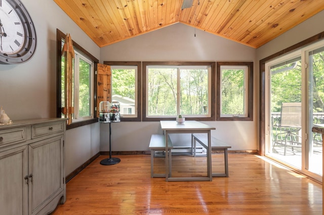 2510 Conifer Ave, Alexandria, MN 56308 - dining space with lofted ceiling, wood ceiling, light wood-style floors, and baseboards