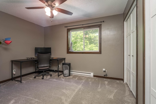2510 Conifer Ave, Alexandria, MN 56308 - carpeted office with a baseboard radiator, a textured ceiling, baseboards, and ceiling fan