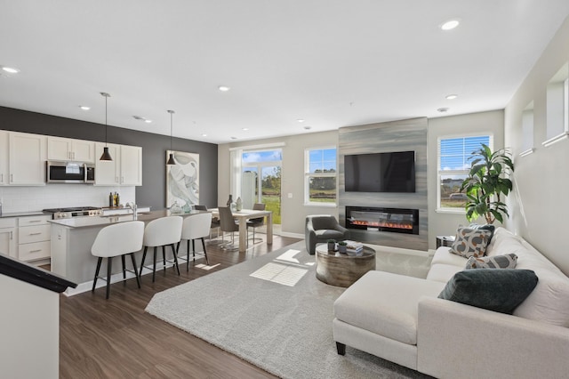 living area with dark wood-style floors, healthy amount of natural light, recessed lighting, a large fireplace, and baseboards