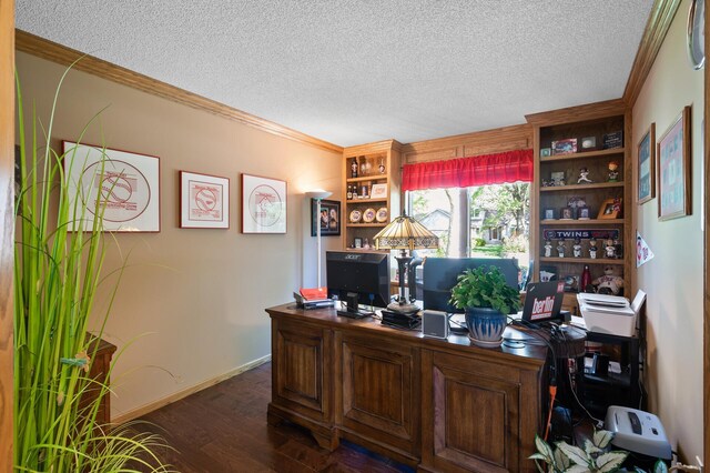14573 Krypton St NW, Ramsey, MN 55303 - home office featuring ornamental molding, dark wood-type flooring, a textured ceiling, and baseboards