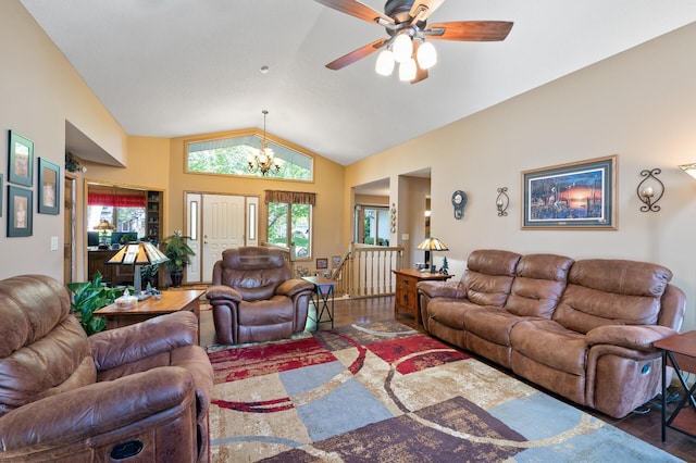 14573 Krypton St NW, Ramsey, MN 55303 - living room featuring lofted ceiling, plenty of natural light, a chandelier, wood finished floors, and ceiling fan