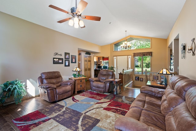14573 Krypton St NW, Ramsey, MN 55303 - living area with lofted ceiling, wood finished floors, a chandelier, and ceiling fan