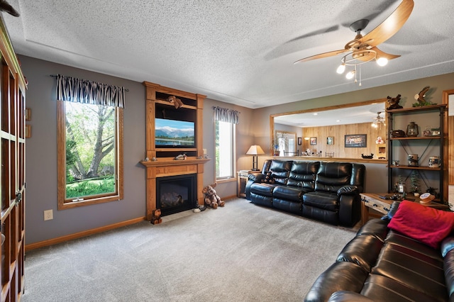 14573 Krypton St NW, Ramsey, MN 55303 - living room with a ceiling fan, carpet floors, plenty of natural light, baseboards, and a textured ceiling
