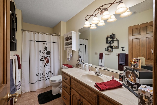 14573 Krypton St NW, Ramsey, MN 55303 - bathroom featuring vanity, toilet, a textured ceiling, a chandelier, and a shower with shower curtain