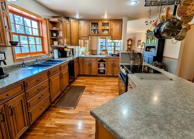617 9th St, Montevideo, MN 56265 - kitchen featuring brown cabinets, a sink, open shelves, light wood finished floors, and dishwasher