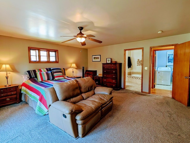 617 9th St, Montevideo, MN 56265 - bedroom with washer / clothes dryer, carpet floors, ensuite bathroom, and a ceiling fan