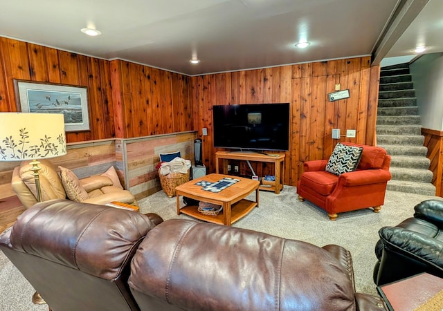 617 9th St, Montevideo, MN 56265 - living room featuring carpet flooring, wooden walls, stairway, and recessed lighting