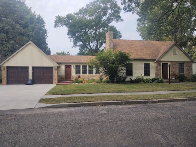 617 9th St, Montevideo, MN 56265 - single story home featuring stone siding, a garage, driveway, and a chimney