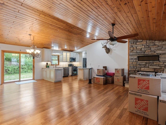30703 Lakeview Dr, Breezy Point, MN 56472 - unfurnished living room featuring lofted ceiling, ceiling fan, wood ceiling, a chandelier, and light wood finished floors