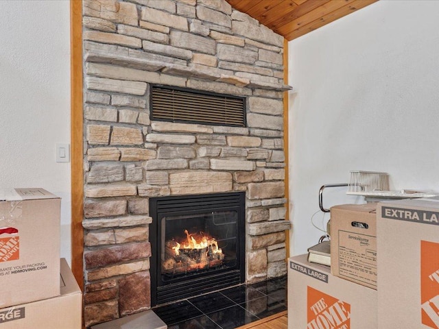 30703 Lakeview Dr, Breezy Point, MN 56472 - detailed view of a fireplace, wooden ceiling, and a wall mounted air conditioner