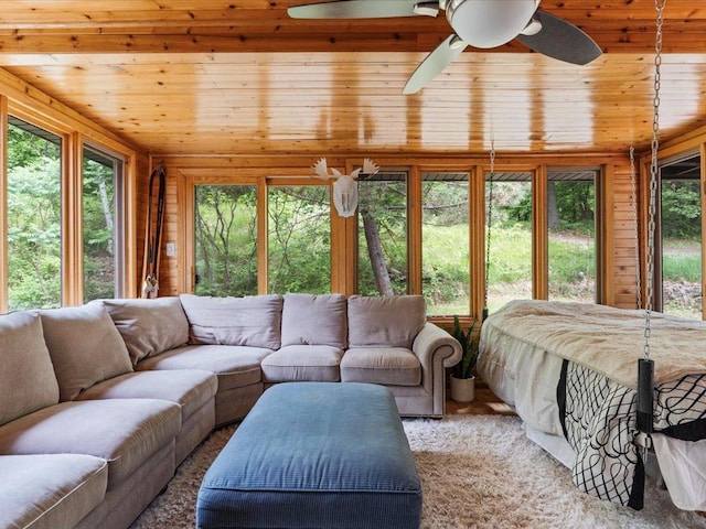 30703 Lakeview Dr, Breezy Point, MN 56472 - bedroom featuring wooden ceiling, wooden walls, and a ceiling fan
