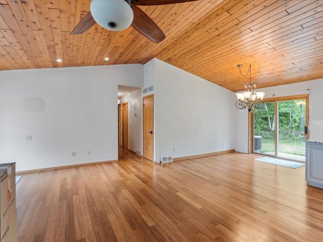 30703 Lakeview Dr, Breezy Point, MN 56472 - empty room featuring lofted ceiling, wood ceiling, ceiling fan, a chandelier, and light wood finished floors