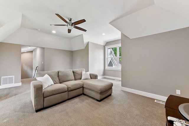154 Babcock Ln, Wayzata, MN 55391 - living area with light carpet, ceiling fan, baseboards, recessed lighting, and lofted ceiling